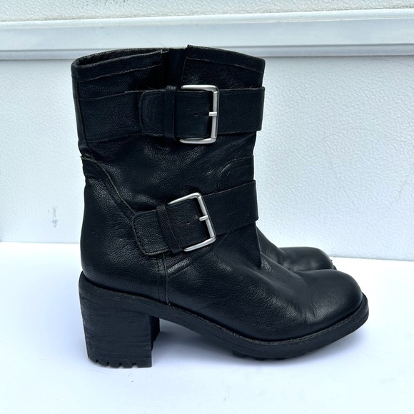 Sam Edelman moto boots black leather biker silver buckle Troy boots women 6.5 - Picture 7 of 9